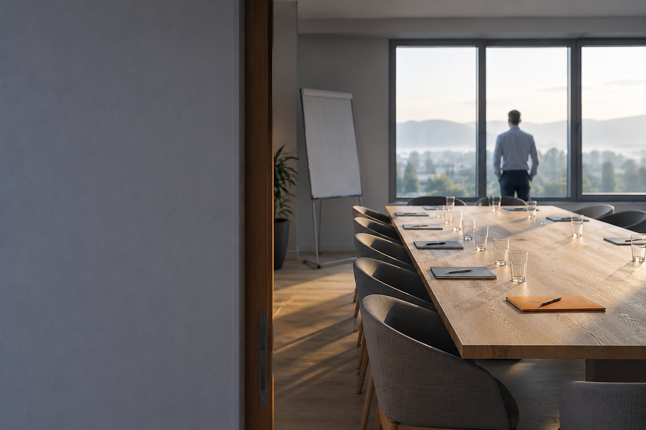 Sitzungszimmer mit leeren Stühlen, eine Person steht am Fenster